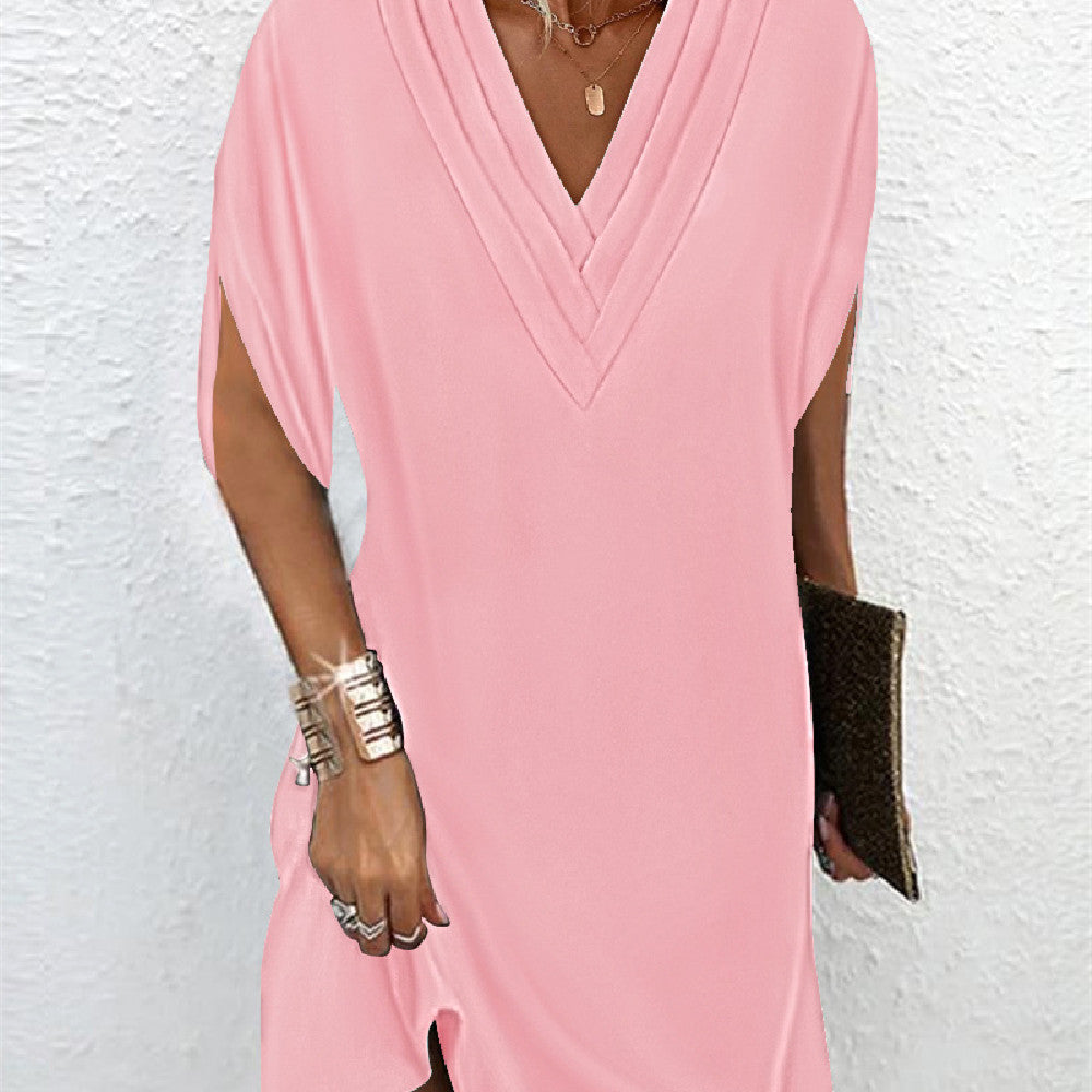 Robe Courte Col V Drapée Manches Amples Style Minimaliste