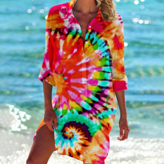 Robe Chemise Imprimée Colorée Coupe Ample Style Plage Été