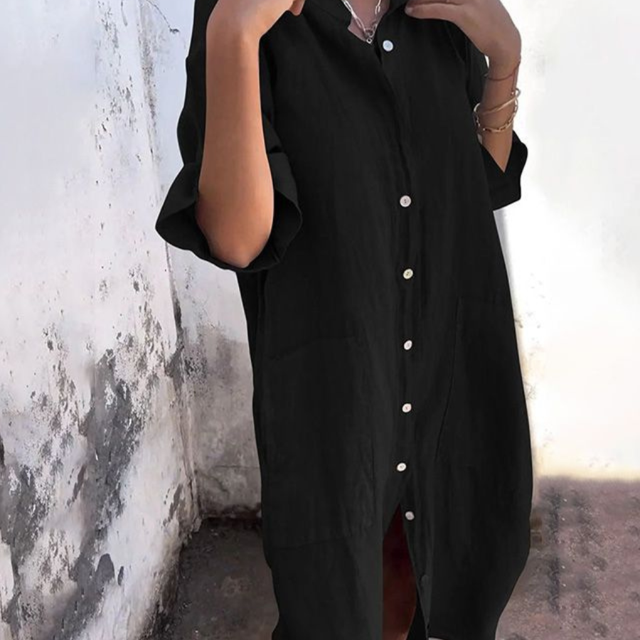 Robe Chemise Ample Boutonnée Manches Courtes Style Décontracté