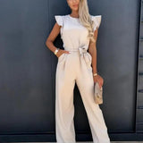 Combinaison Pantalon Volants Épaules Taille Ceinturée Chic