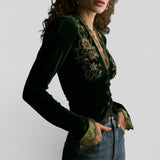 Blouse Brodée à Col V et Manches Longues