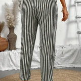 Pantalon Rayé à Taille Élastiquée et Poches