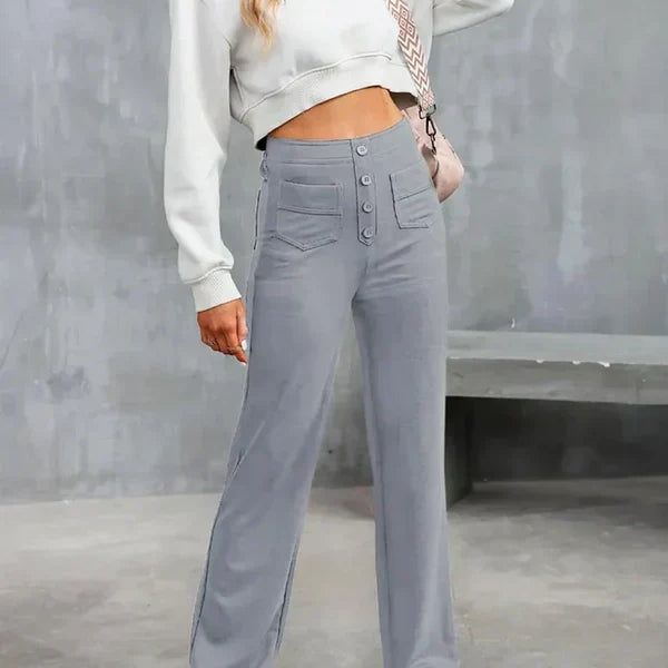 Pantalon Sculptant Taille Haute Boutons Élégant