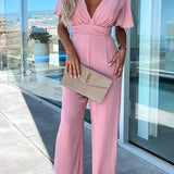 Combinaison Pantalon Large Col V Taille Nouée Chic