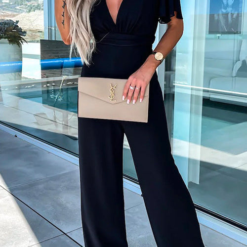 Combinaison Pantalon Large Col V Taille Nouée Chic