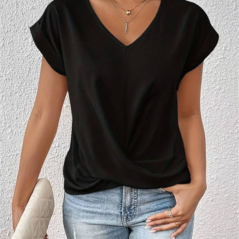 T Shirt Col V Coupe Fluide Bas Noué Style Décontracté