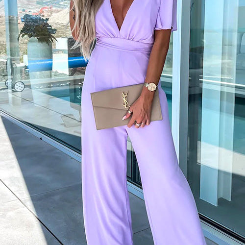 Combinaison Pantalon Large Col V Taille Nouée Chic