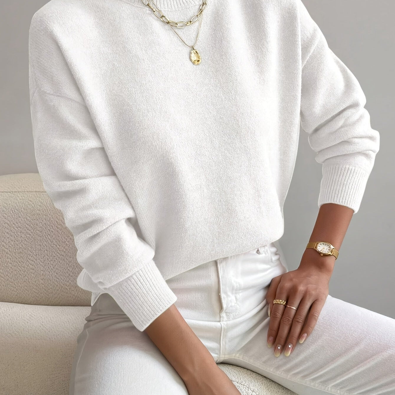 Pull femme en maille à col roulé, manches longues