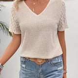 T Shirt Dentelle Col V Maille Ajourée Élégance Été