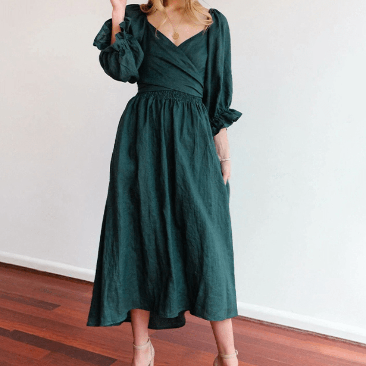 Robe Midi à Col V et Taille Nouée