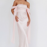 Robe Midi Satinée Bardot Drapée Élégance
