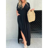 Robe Longue Femme à Col V et Taille Froncée