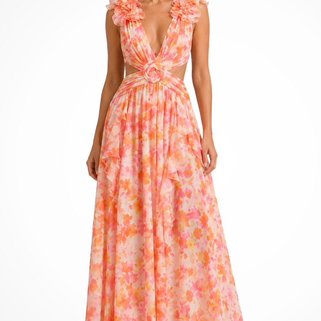 Robe longue fleurie à col V et volants