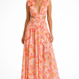 Robe longue fleurie à col V et volants