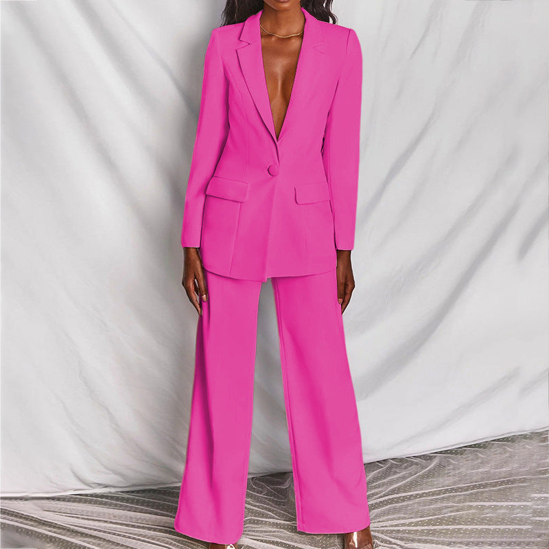 Ensemble Tailleur Coloré Blazer Pantalon Large Élégance Moderne