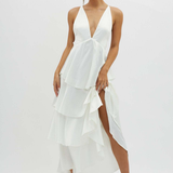 Robe Longue Volants Superposés Dos Nu Élégante