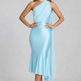 Robe Midi Satinée Asymétrique avec Écharpe Élégante