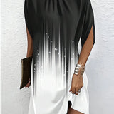 Robe Courte Drapée Col Haut Manches Chauve Souris Élégance Moderne