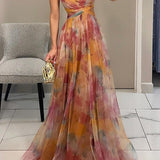 Robe Longue Femme Plissée à Imprimé Multicolore