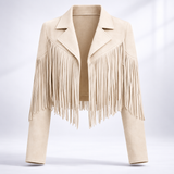Veste courte en suédine à franges et col cranté