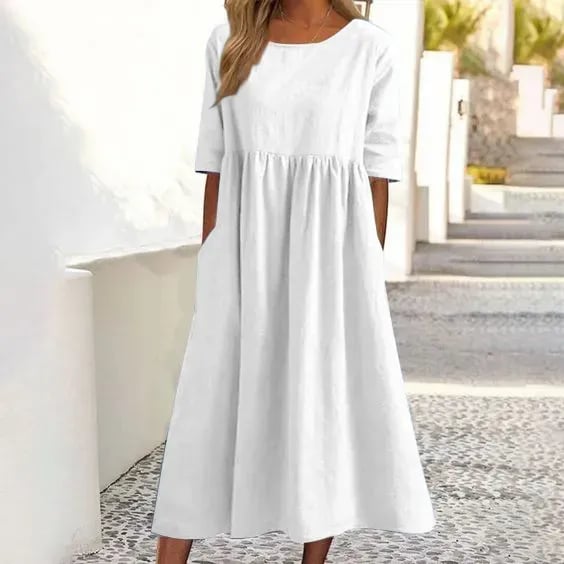 Robe Longue Ample Taille Haute Manches Courtes Style Décontracté