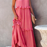 Robe Longue Femme Sans Manches à Volants