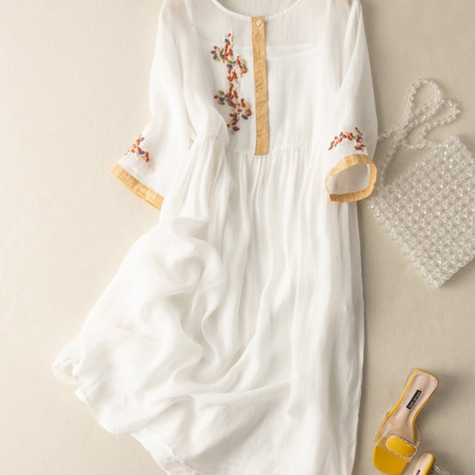 Robe Midi Lin Brodé Coupe Ample Confort Estival