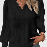 Blouse Plissée à Col V et Manches Longues