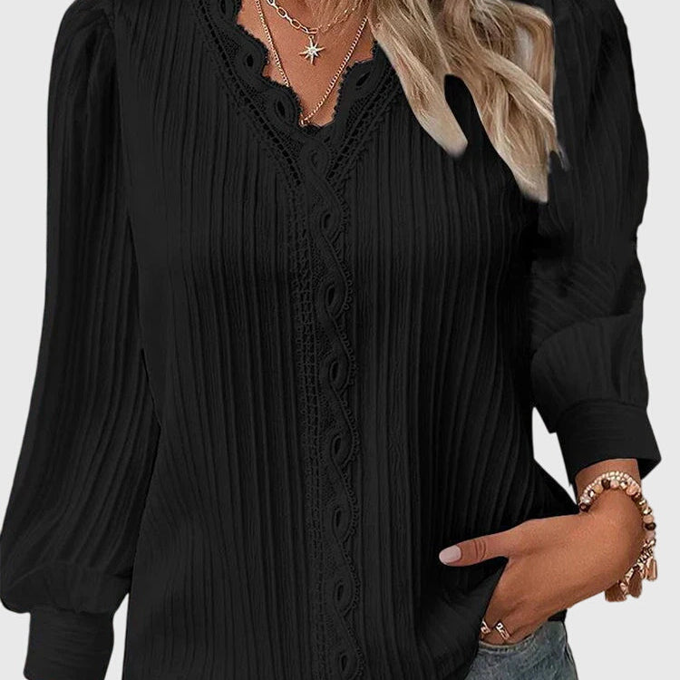 Blouse Plissée à Col V et Manches Longues