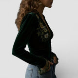 Blouse Brodée à Col V et Manches Longues
