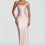 Robe Longue Satinée Épaule Dénudée Élégante