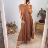 Robe Midi Plissée à Manches Courtes