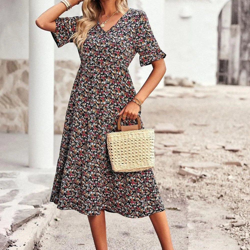 Robe Midi Bohème Fleurie Coupe Évasée Été Chic