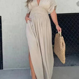 Robe Longue Femme à Col V et Taille Froncée
