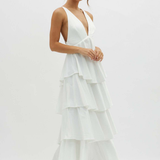 Robe Longue Volants Superposés Dos Nu Élégante
