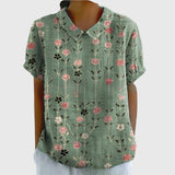 Blouse Fleurie à Col V et Manches Courtes