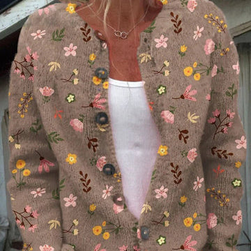 Cardigan Maille Fleurie Boutonné Coupe Décontractée Chic