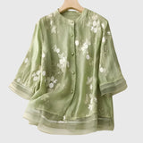 Blouse Brodée à Col Montant et Manches Trois-Quarts