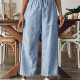 Pantalon Large Rayé à Taille Élastiquée