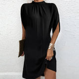 Robe Courte Drapée Col Haut Manches Chauve Souris Élégance Moderne