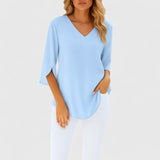 Blouse Ample à Col V et Manches Évasées