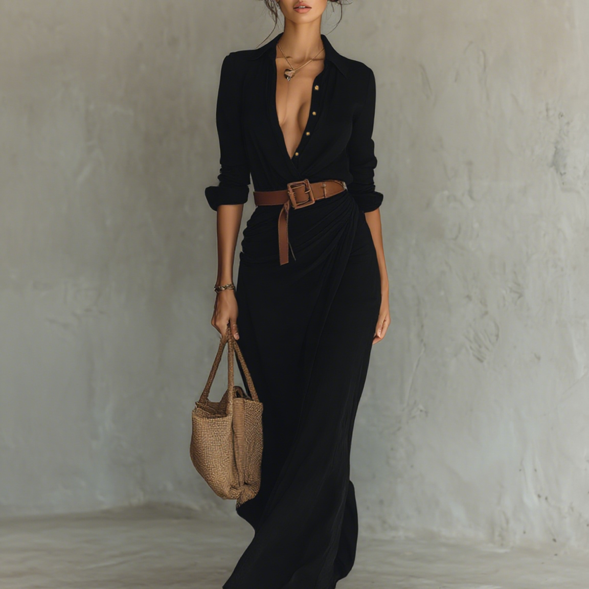 Robe Portefeuille Longue Élégante Camelle Femme