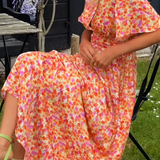 Robe Longue Fleurie Taille Élastique Manches Courtes Été Chic