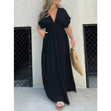 Robe Longue Femme à Col V et Taille Froncée