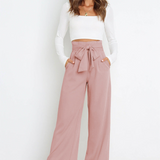 Pantalon Fluide Taille Haute Ceinture Nouée Élégant