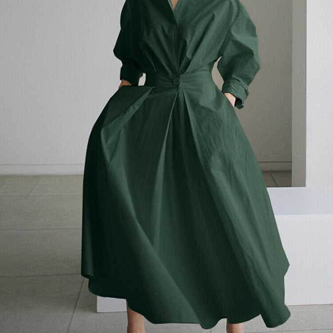 Robe Longue Chemise Ceinturée Manches Longues Élégance Minimaliste
