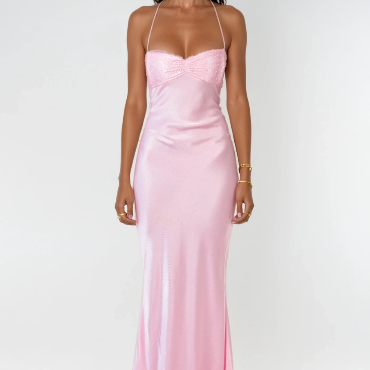 Robe Longue Satinée à Corsage Orné