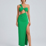 Robe Longue Découpes Asymétriques à Fente Élégante