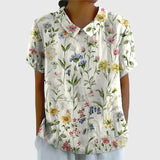 Blouse Fleurie à Col V et Manches Courtes