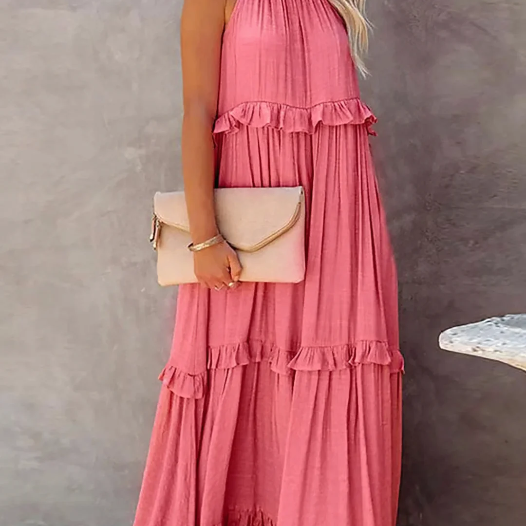 Robe Longue Femme Sans Manches à Volants